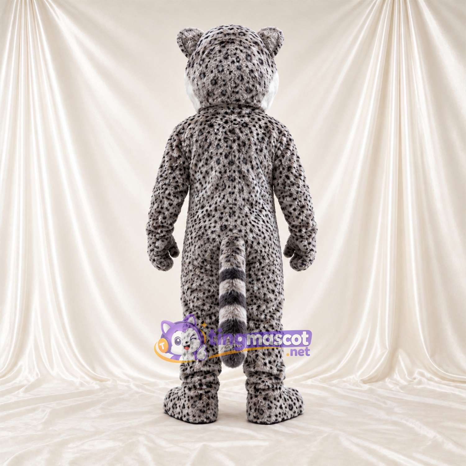 Costume de mascotte Léopard – gris – Ventre (blanc); Queue rayée (blanc) Costume de mascotte Léopard – gris – Ventre (blanc); Queue rayée (blanc)