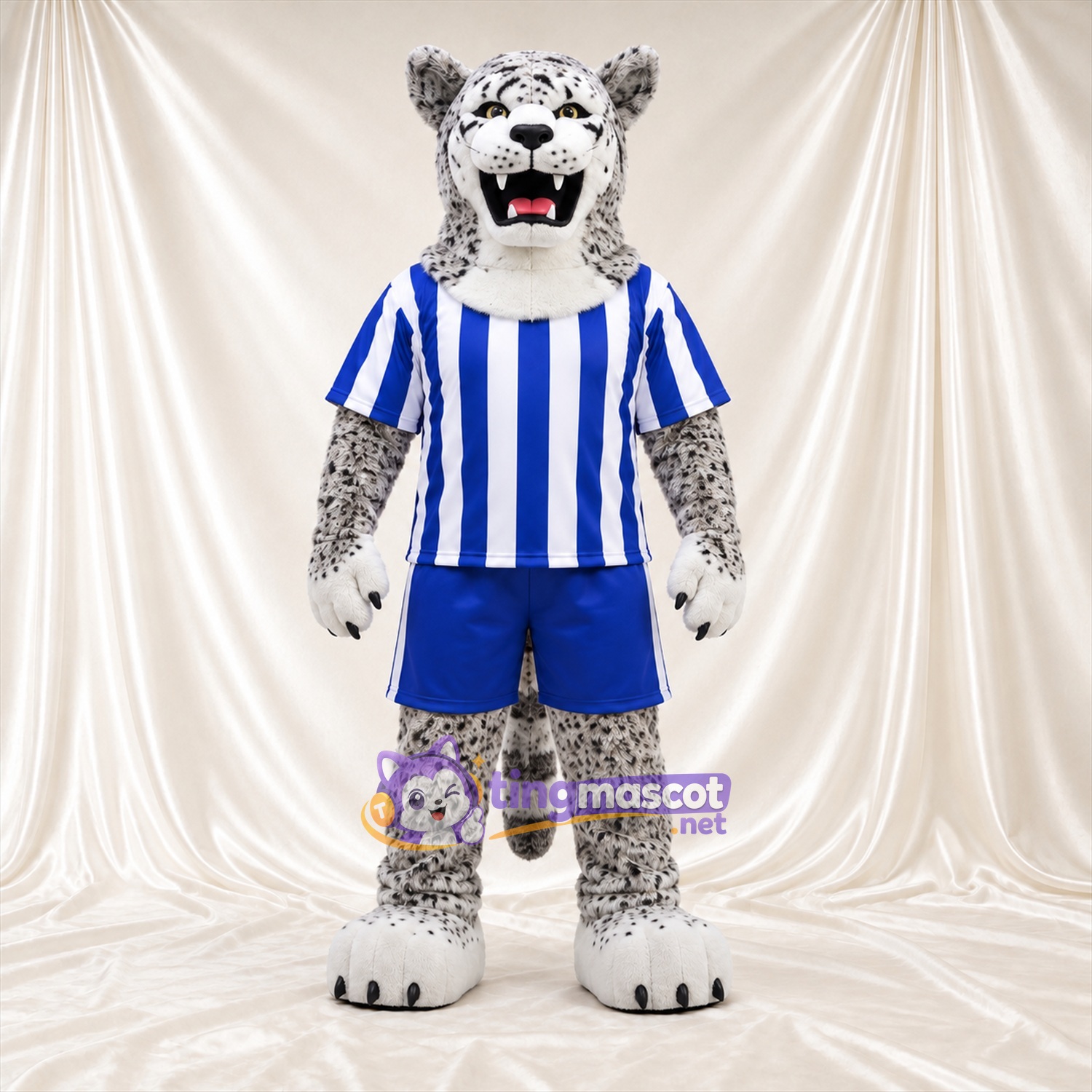 Costume de mascotte Léopard des neiges – blanc – Tenue de sport (bleu / blanc) Costume de mascotte Léopard des neiges – blanc – Tenue de sport (bleu / blanc)