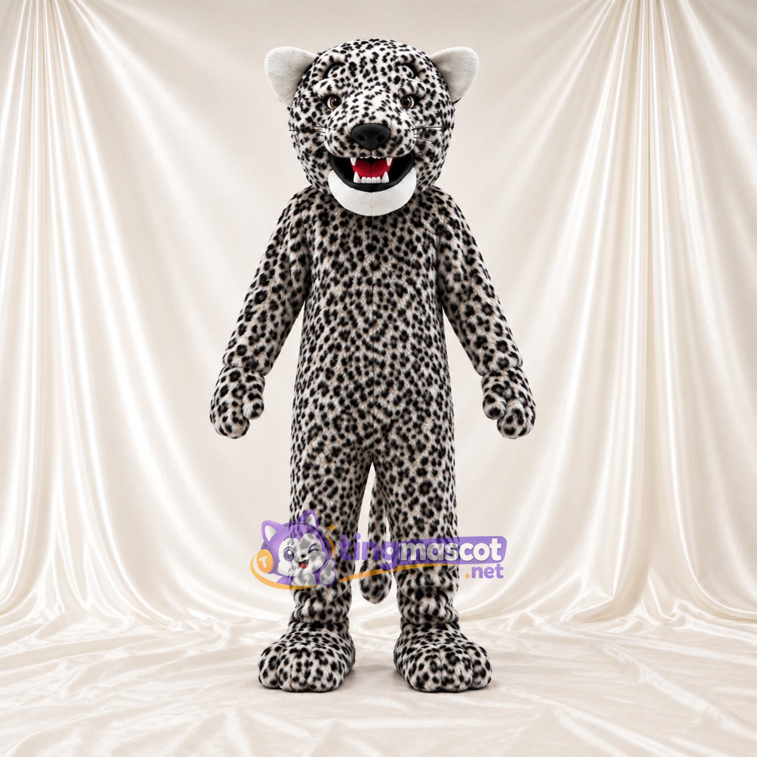 Costume de mascotte Léopard – gris – Crocs pointus; Taches en rosettes Costume de mascotte Léopard – gris – Crocs pointus; Taches en rosettes
