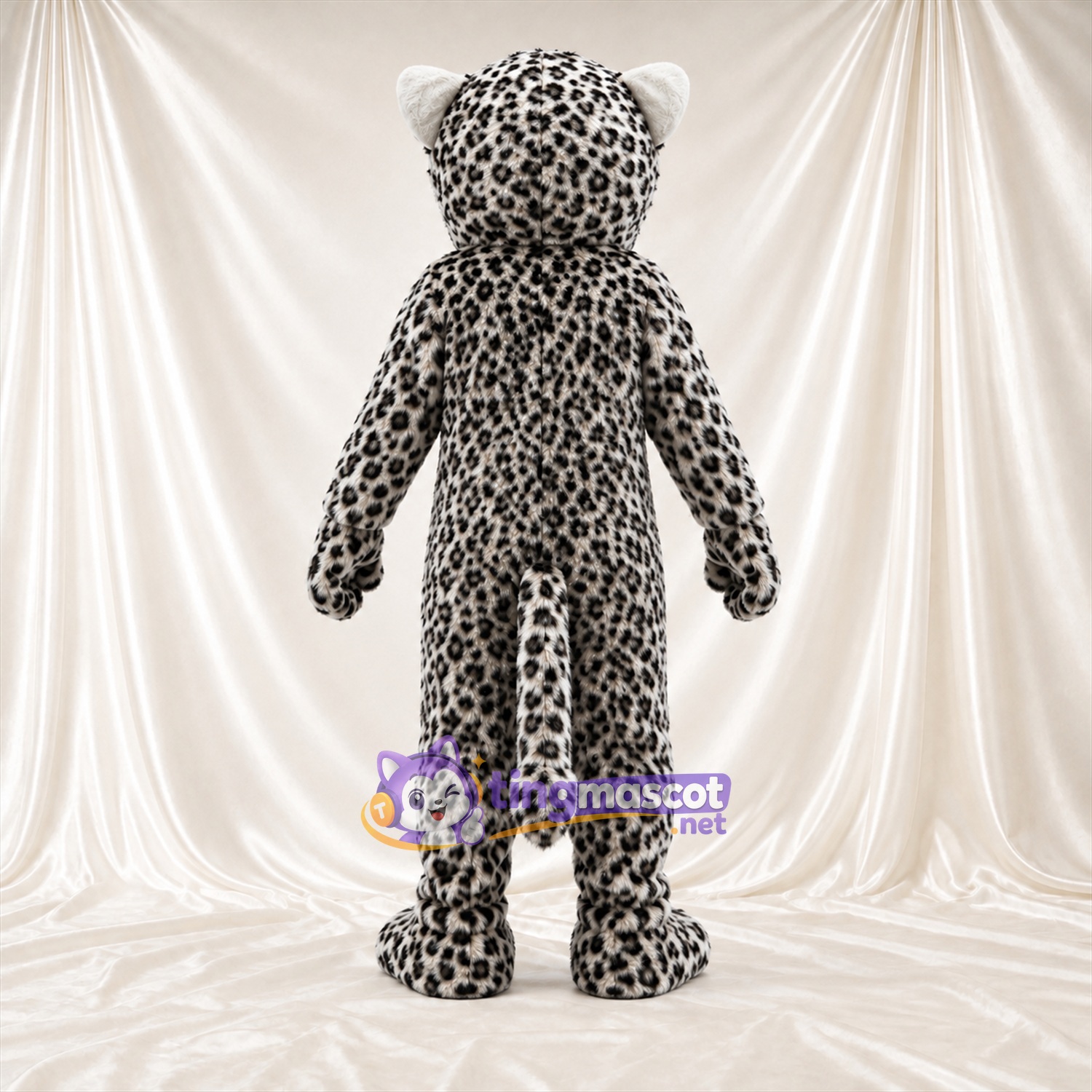 Costume de mascotte Léopard – gris – Crocs pointus; Taches en rosettes Costume de mascotte Léopard – gris – Crocs pointus; Taches en rosettes