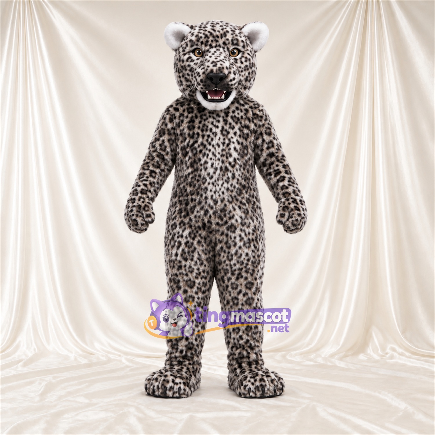 Costume de mascotte Léopard – gris – Bouche ouverte; Taches en rosettes Costume de mascotte Léopard – gris – Bouche ouverte; Taches en rosettes