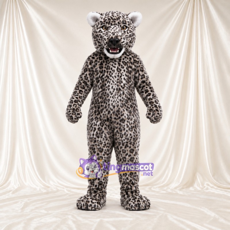 Costume de mascotte Léopard – gris – Bouche ouverte; Taches en rosettes Costume de mascotte Léopard – gris – Bouche ouverte; Taches en rosettes