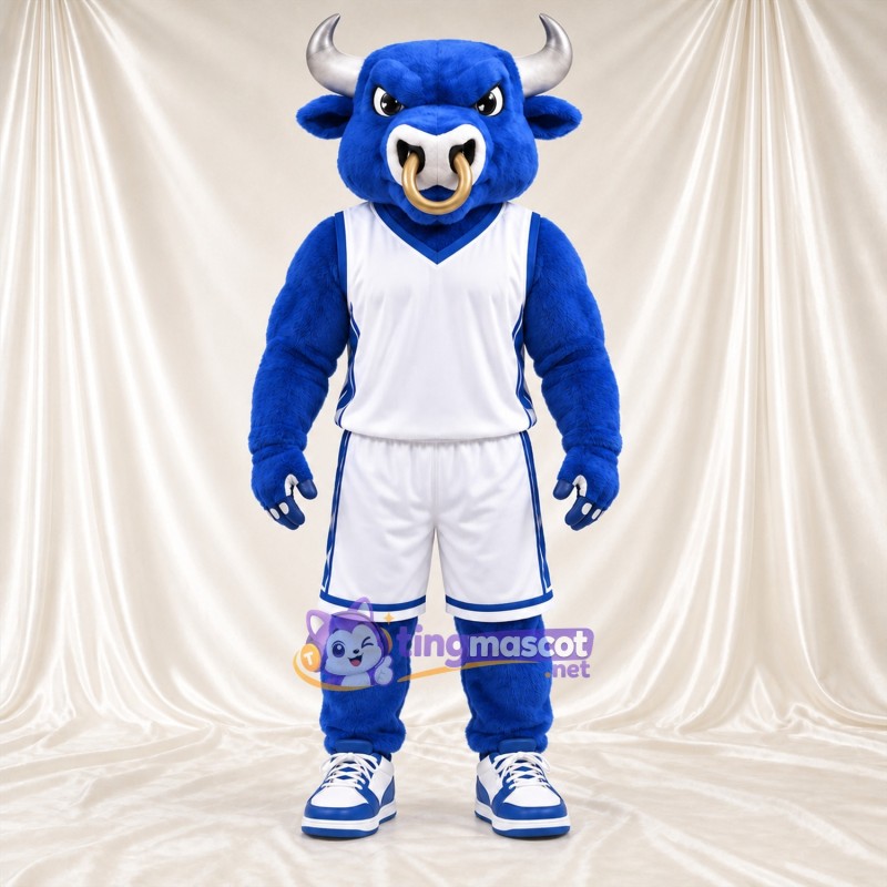Costume de mascotte Taureau – bleu – Tenue de sport (blanc) Costume de mascotte Taureau – bleu – Tenue de sport (blanc)