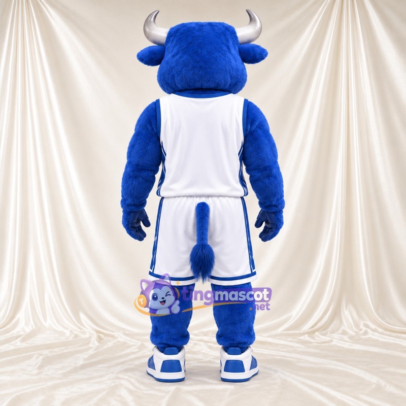 Costume de mascotte Taureau – bleu – Tenue de sport (blanc) Costume de mascotte Taureau – bleu – Tenue de sport (blanc)