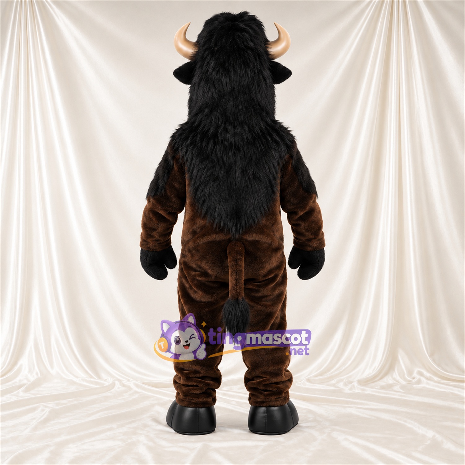 Maskottchenkostüm Büffel – braun – Mähne (schwarz); Offener Mund Maskottchenkostüm Büffel – braun – Mähne (schwarz); Offener Mund