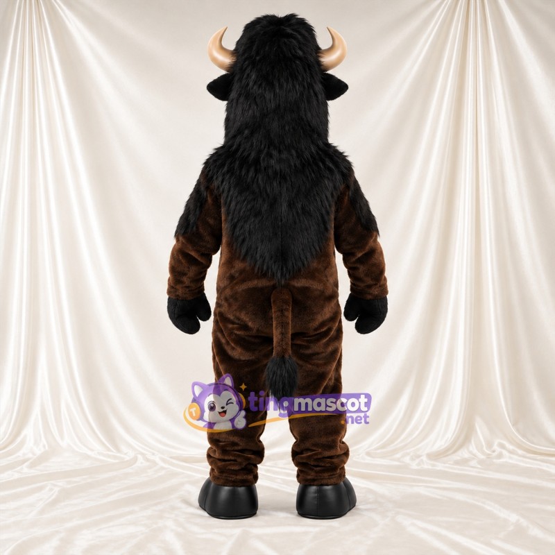 Maskottchenkostüm Büffel – braun – Mähne (schwarz); Offener Mund Maskottchenkostüm Büffel – braun – Mähne (schwarz); Offener Mund