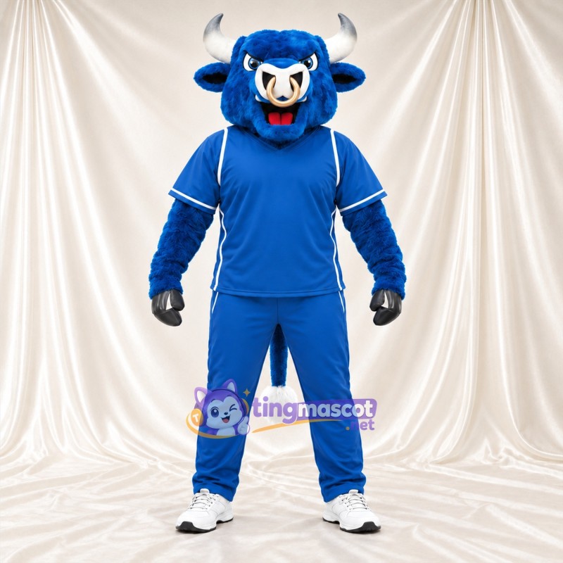 Maskottchenkostüm Stier – blau – Sporttrikot (blau); Hörner (weiß) Maskottchenkostüm Stier – blau – Sporttrikot (blau); Hörner (weiß)