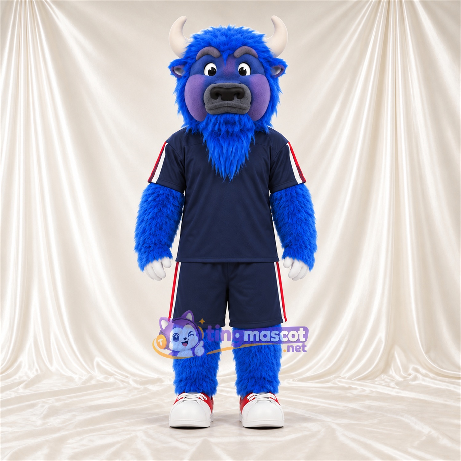 Costume de mascotte Taureau – bleu – Tenue de sport (bleu); Cornes (blanc) Costume de mascotte Taureau – bleu – Tenue de sport (bleu); Cornes (blanc)