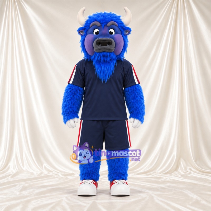 Maskottchenkostüm Stier – blau – Sporttrikot (blau); Hörner (weiß) Maskottchenkostüm Stier – blau – Sporttrikot (blau); Hörner (weiß)