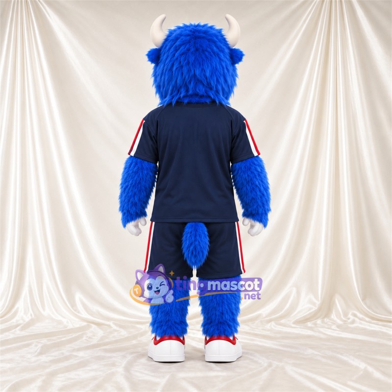 Costume de mascotte Taureau – bleu – Tenue de sport (bleu); Cornes (blanc) Costume de mascotte Taureau – bleu – Tenue de sport (bleu); Cornes (blanc)