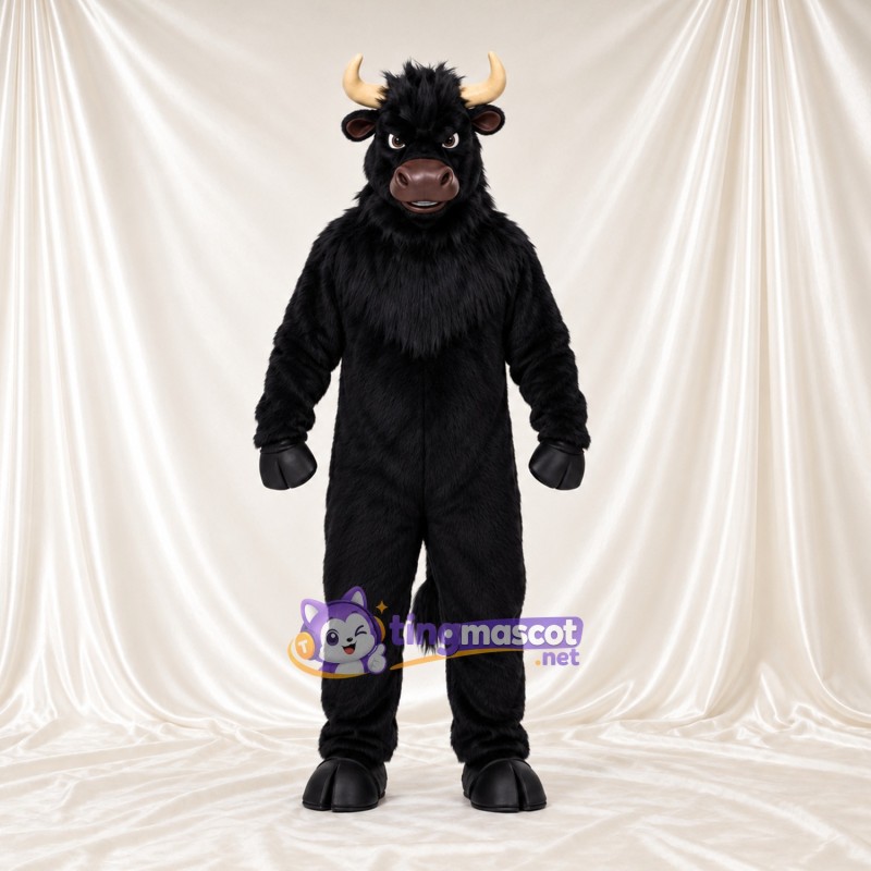 Black Buffalo Mascot Costume - Tan Horns and Shaggy Black Neck Ruff Black Buffalo Mascot Costume - Tan Horns and Shaggy Black Neck Ruff