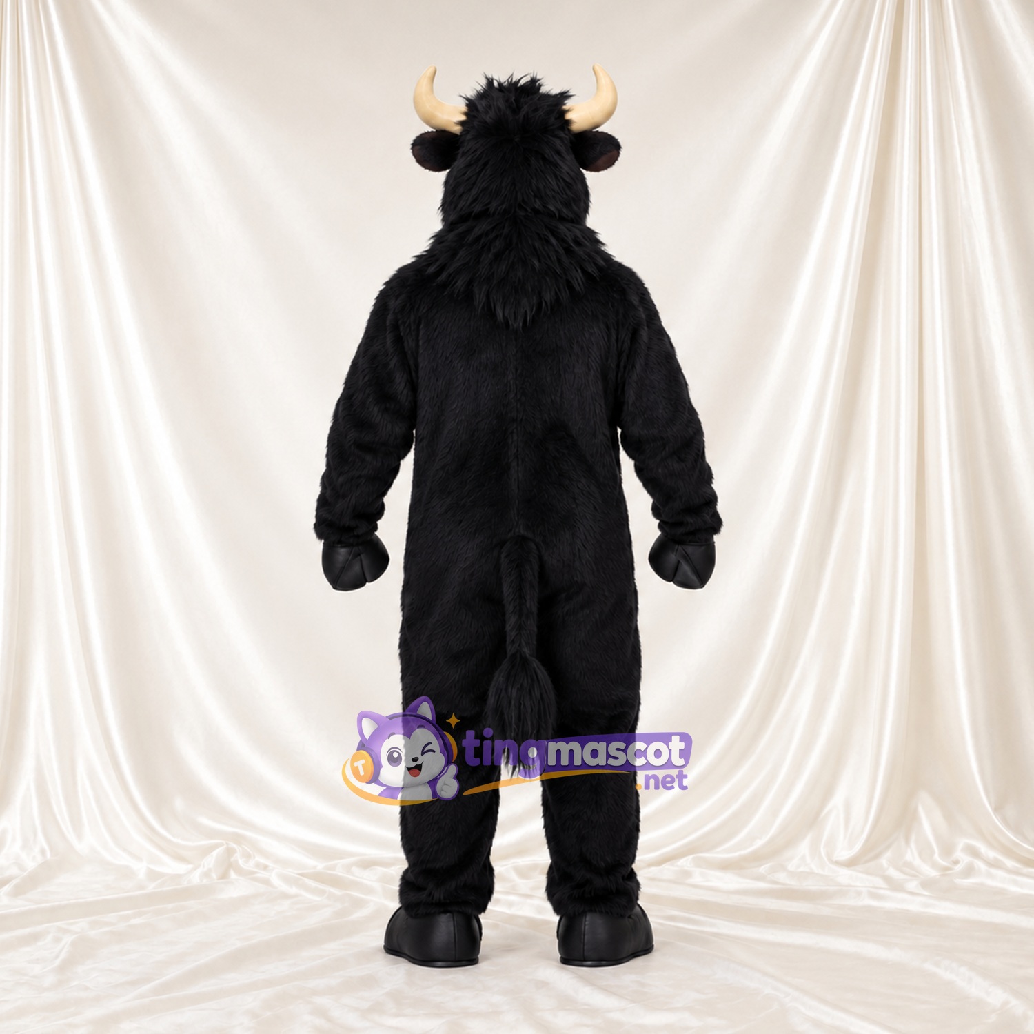 Black Buffalo Mascot Costume - Tan Horns and Shaggy Black Neck Ruff Black Buffalo Mascot Costume - Tan Horns and Shaggy Black Neck Ruff