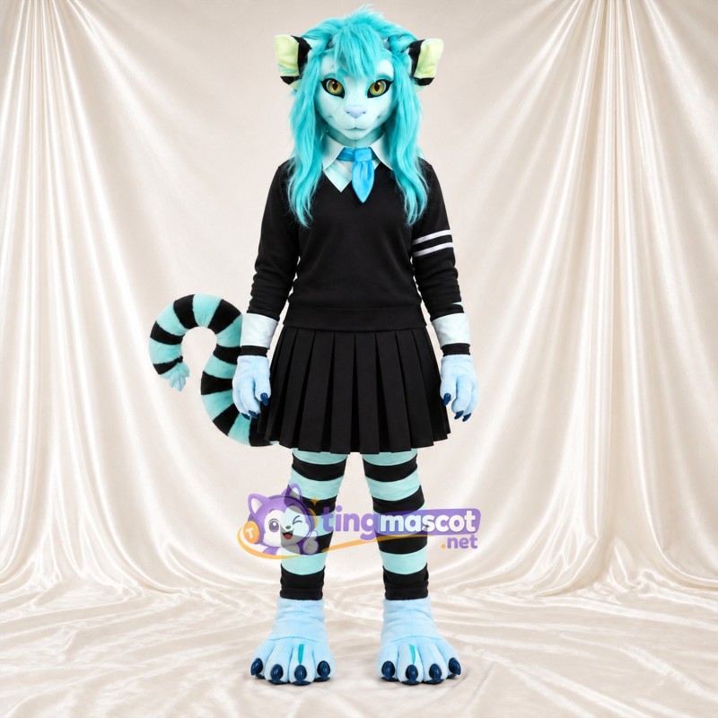 Maskottchenkostüm Katzenmädchen – blau / schwarz – Haare (blau); Outfit (schwarz) Maskottchenkostüm Katzenmädchen – blau / schwarz – Haare (blau); Outfit (schwarz)
