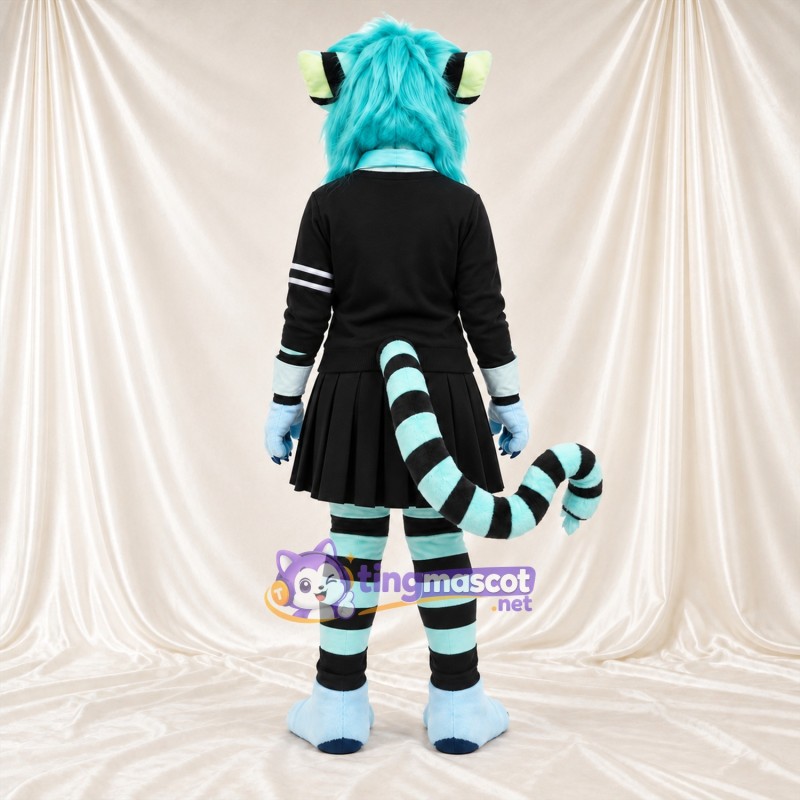 Maskottchenkostüm Katzenmädchen – blau / schwarz – Haare (blau); Outfit (schwarz) Maskottchenkostüm Katzenmädchen – blau / schwarz – Haare (blau); Outfit (schwarz)