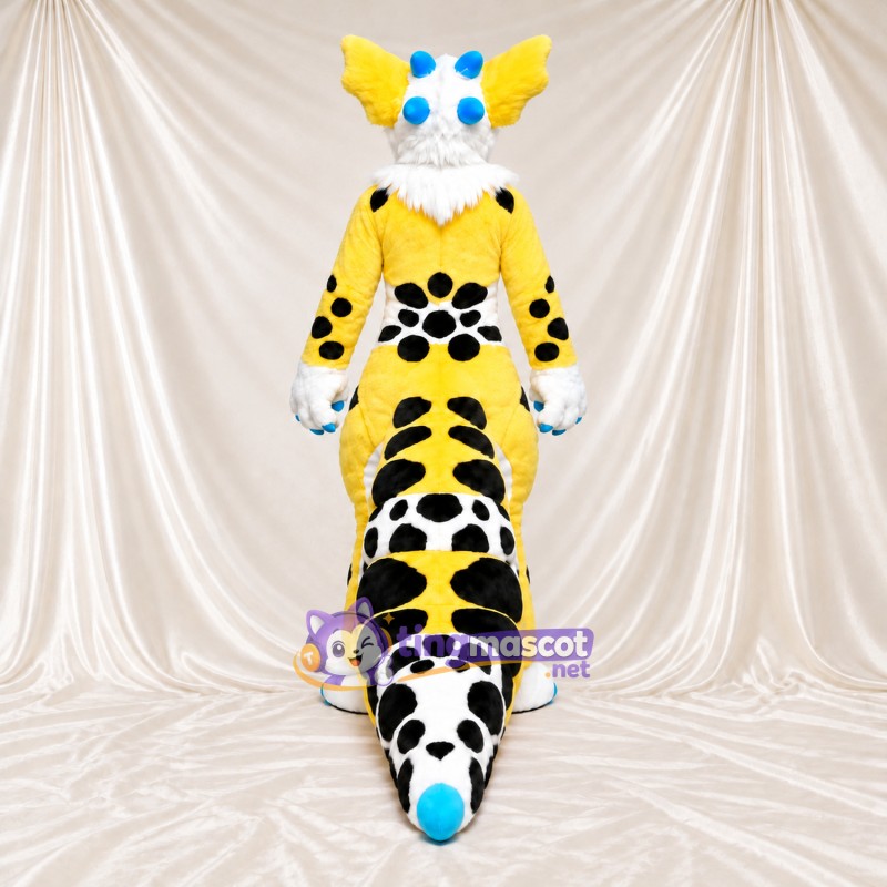 Maskottchenkostüm Fantasiewesen – gelb / schwarz – Hörner (blau); Schwanz Maskottchenkostüm Fantasiewesen – gelb / schwarz – Hörner (blau); Schwanz
