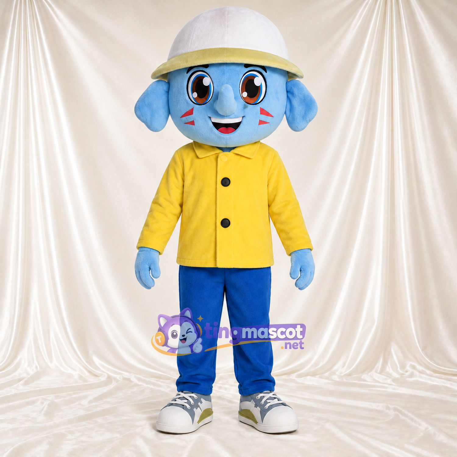 Blue Alien Mascot Costume - Yellow Jacket and White Hat