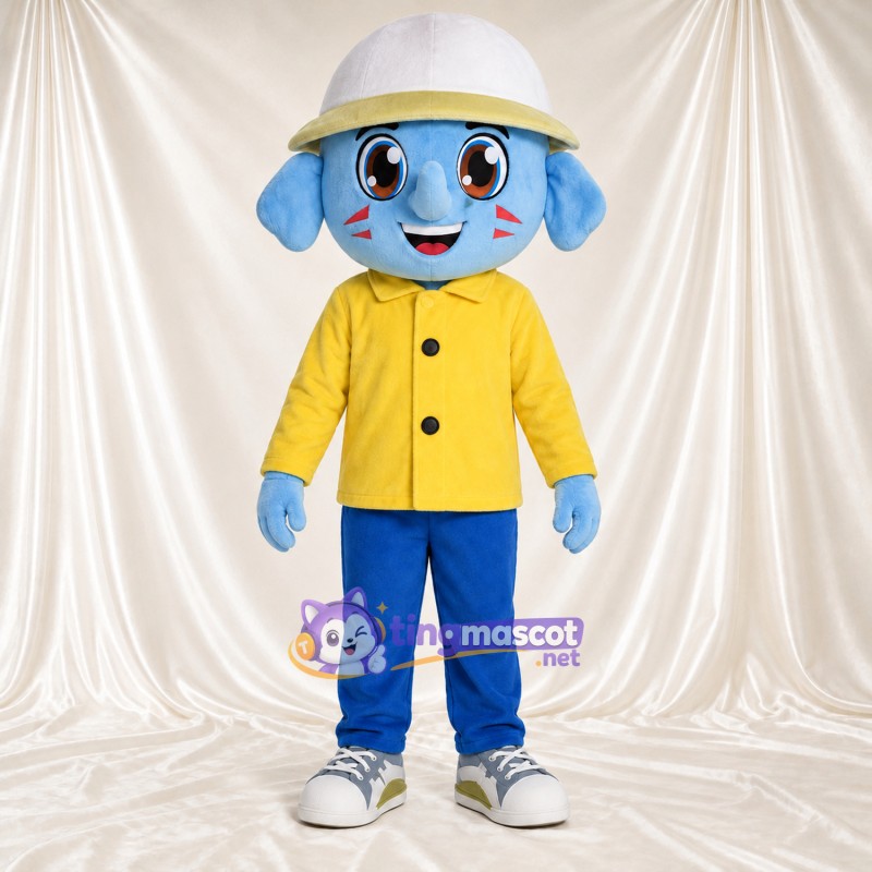 Blue Alien Mascot Costume - Yellow Jacket and White Hat Blue Alien Mascot Costume - Yellow Jacket and White Hat