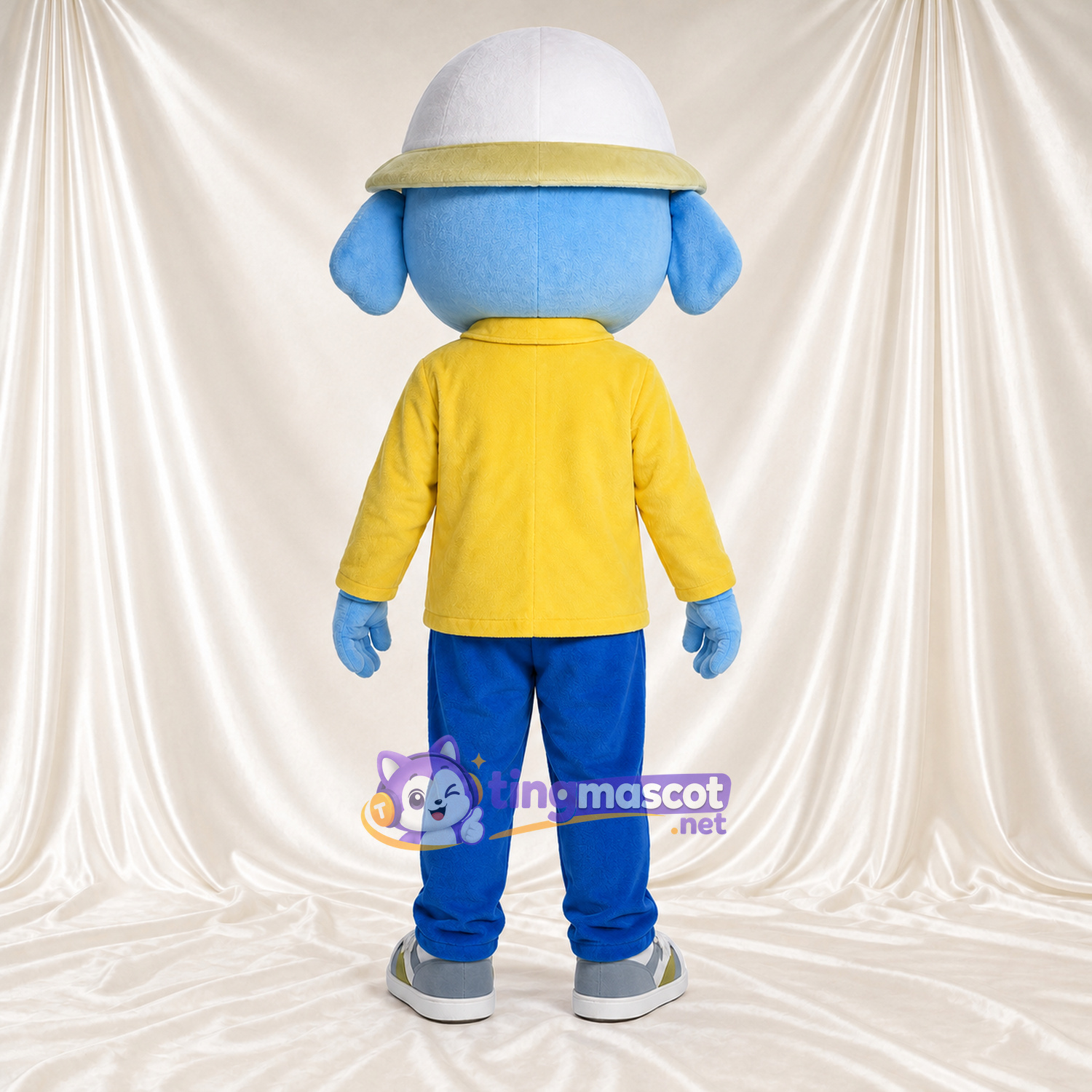 Blue Alien Mascot Costume - Yellow Jacket and White Hat