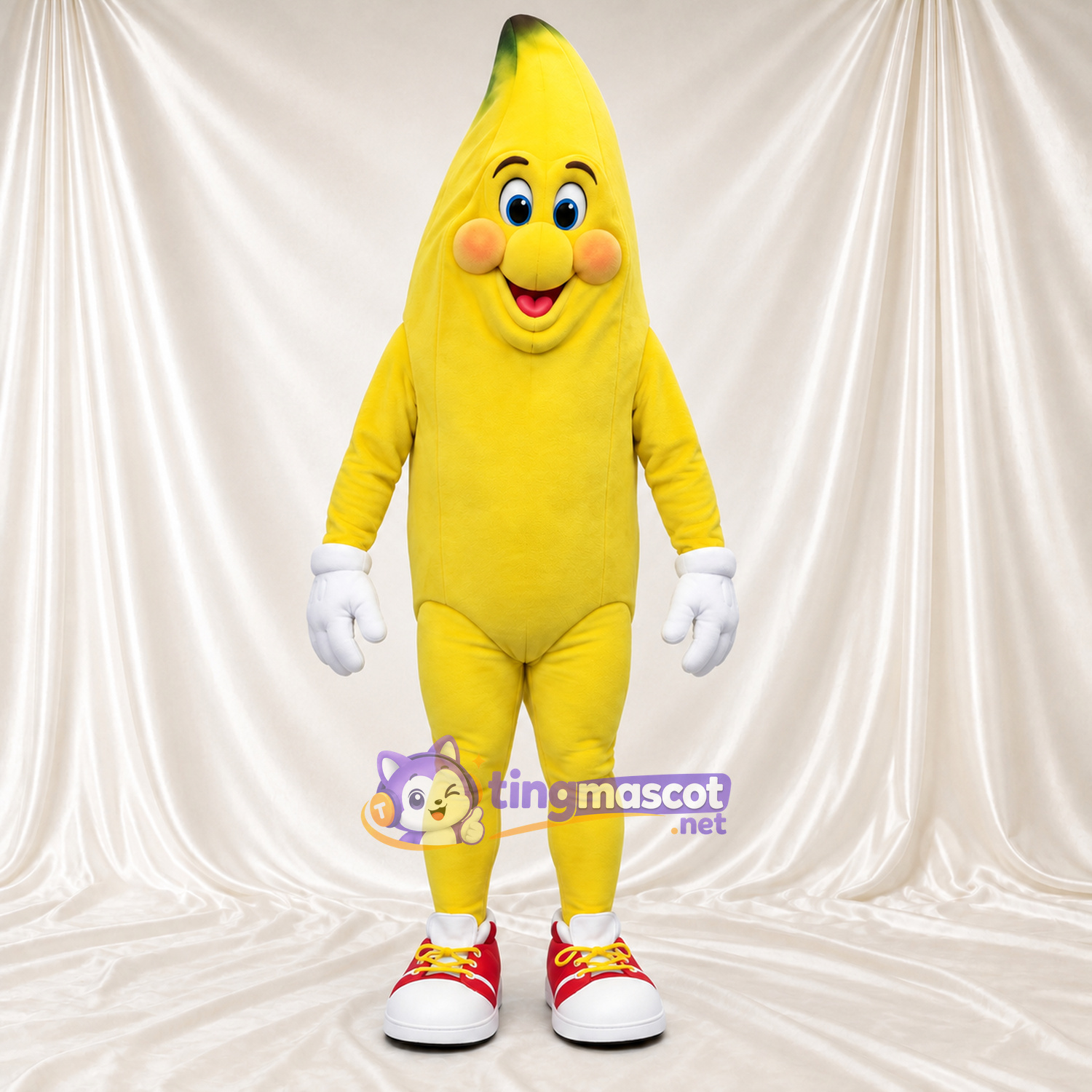 Yellow Banana Mascot Costume - Pink Cheeks and Red Sneakers Yellow Banana Mascot Costume - Pink Cheeks and Red Sneakers