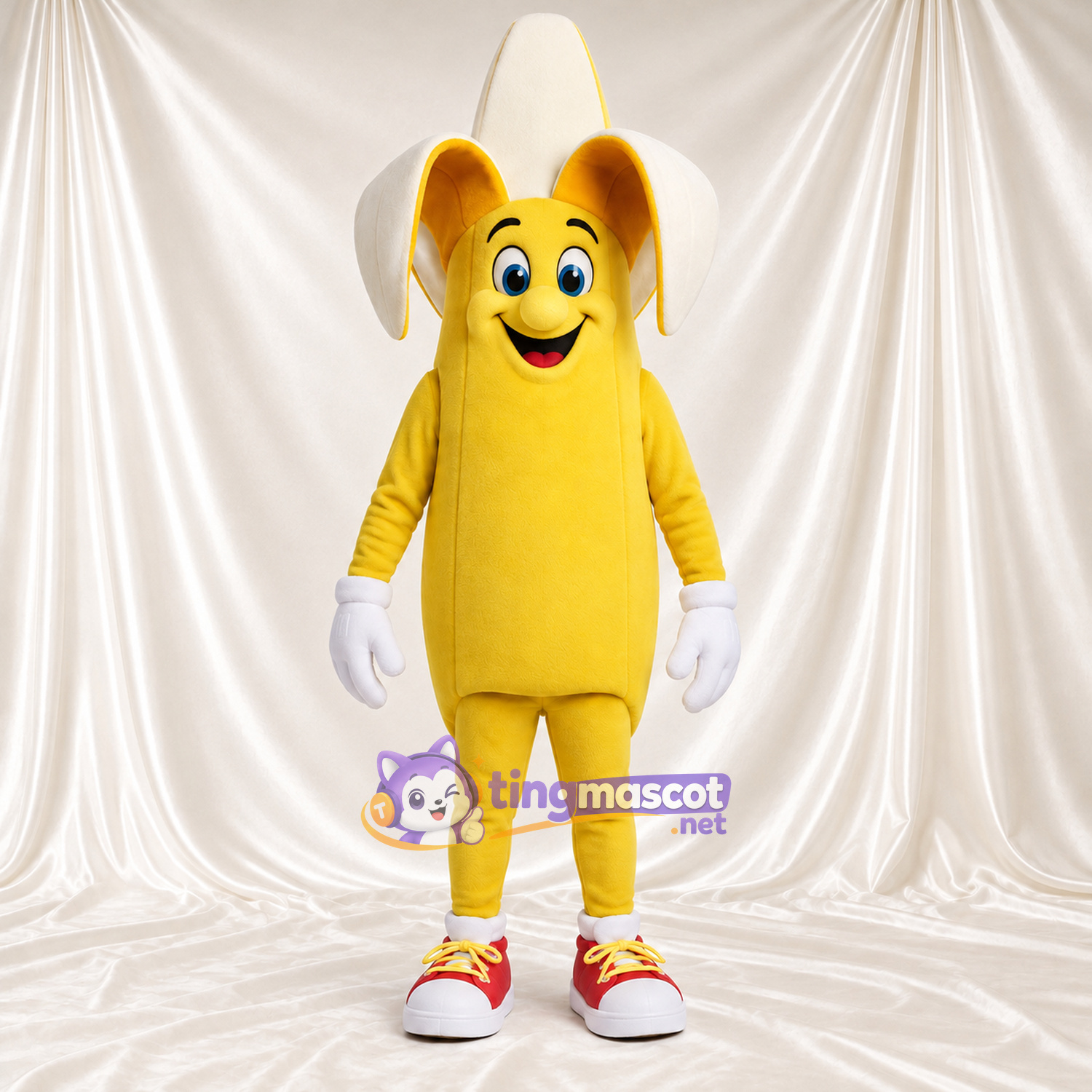 Yellow Banana Mascot Costume - Peeled Top and Red Sneakers Yellow Banana Mascot Costume - Peeled Top and Red Sneakers