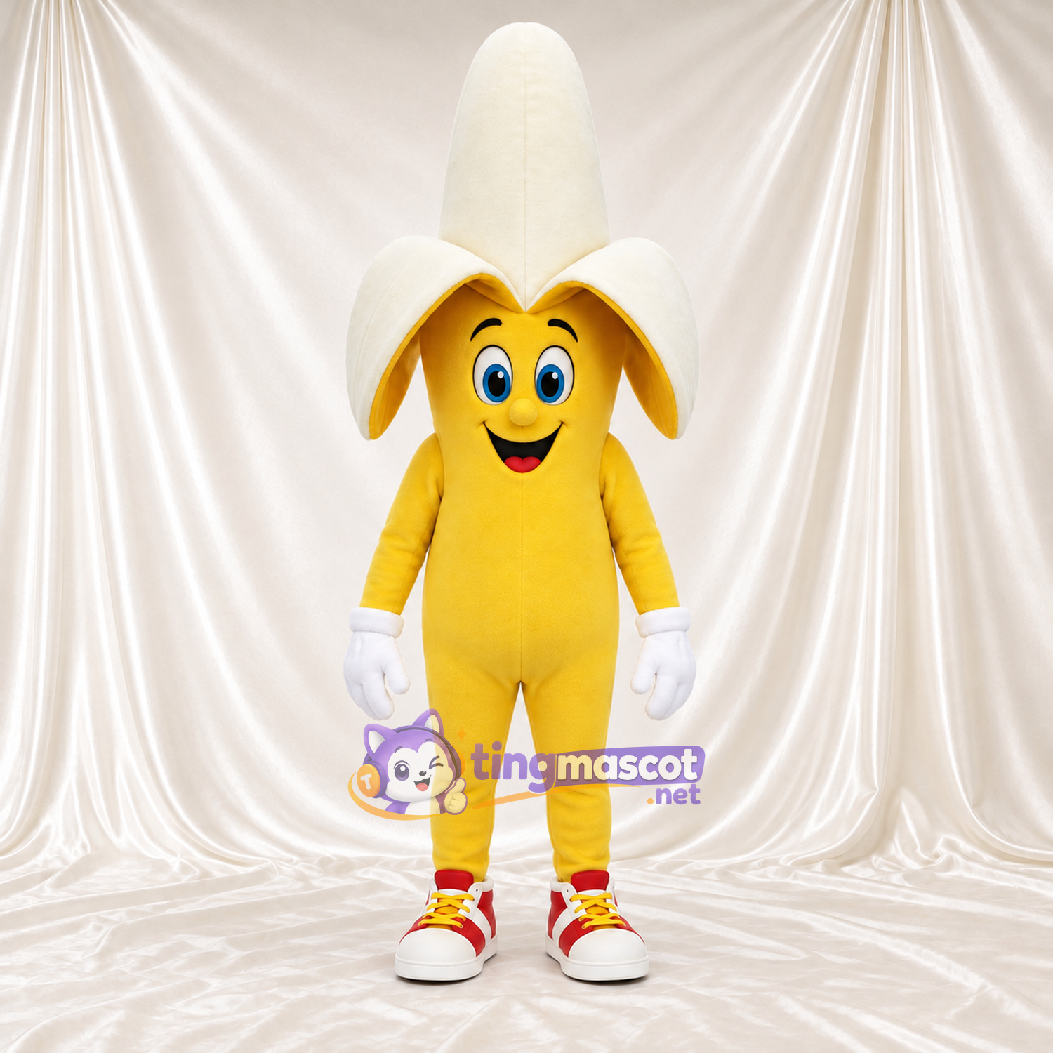 Yellow Banana Mascot Costume - Peeled Top and Red Sneakers Yellow Banana Mascot Costume - Peeled Top and Red Sneakers