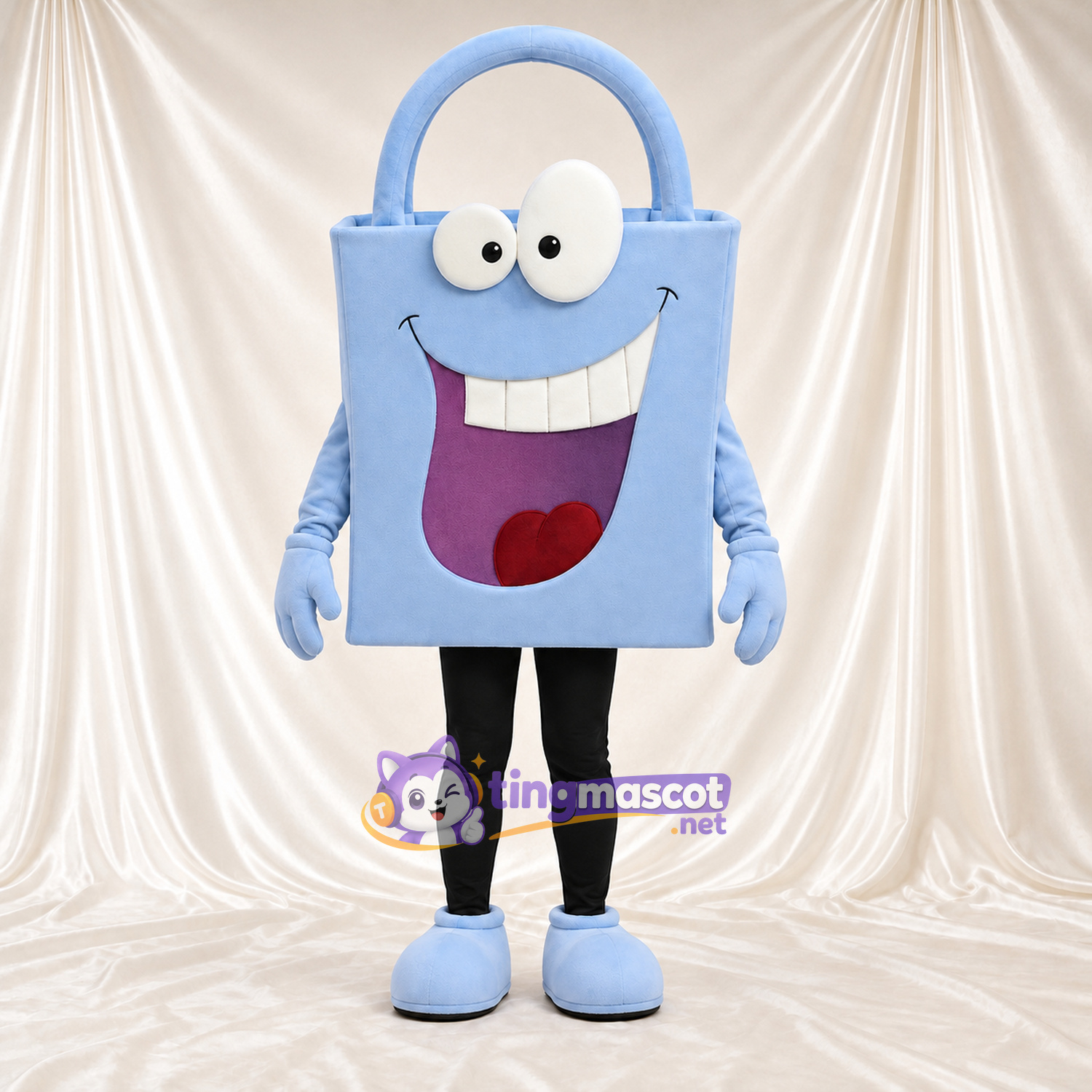 Maskottchenkostüm Einkaufstasche – blau – Breites Zahngrinsen; Beine (schwarz) Maskottchenkostüm Einkaufstasche – blau – Breites Zahngrinsen; Beine (schwarz)