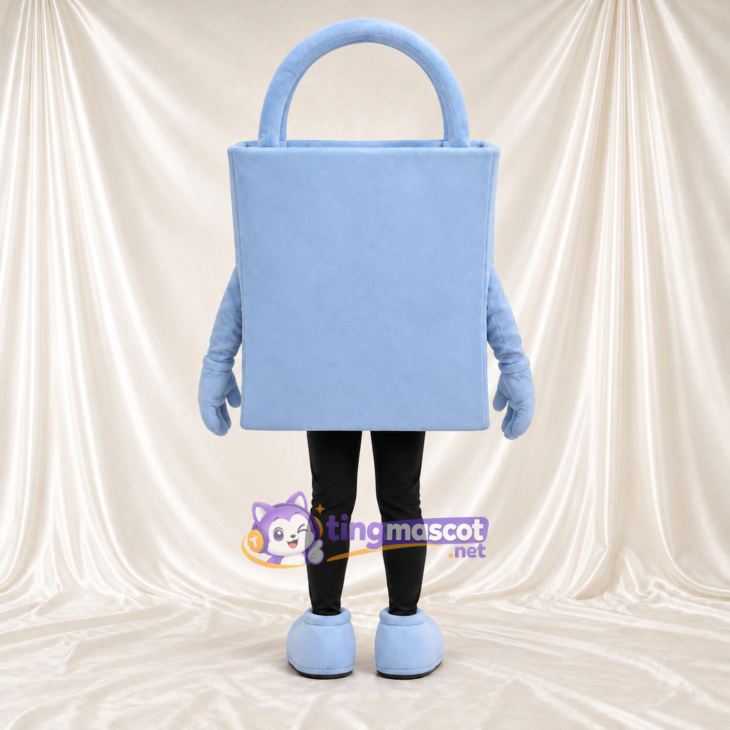 Maskottchenkostüm Einkaufstasche – blau – Breites Zahngrinsen; Beine (schwarz) Maskottchenkostüm Einkaufstasche – blau – Breites Zahngrinsen; Beine (schwarz)