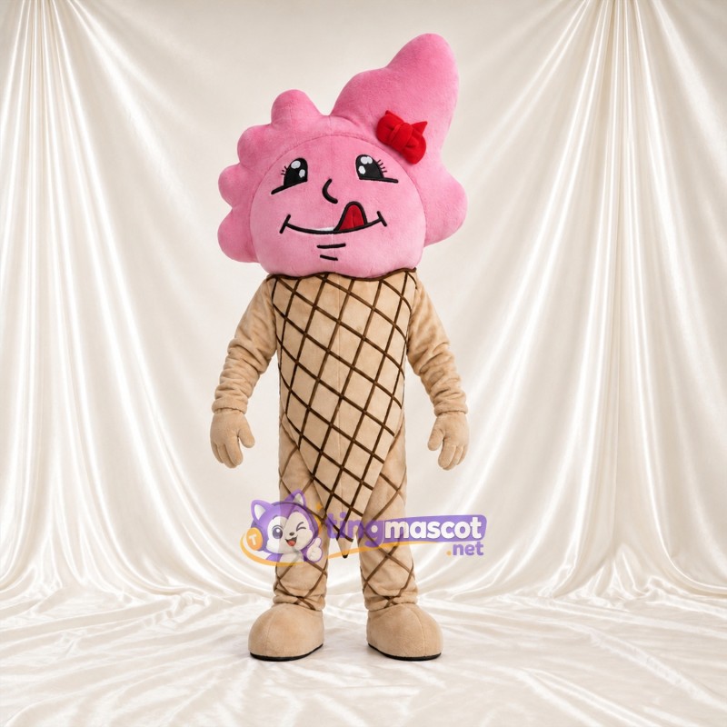 Maskottchenkostüm Eiscreme – rosa – Schleife (rot); Waffelmuster Maskottchenkostüm Eiscreme – rosa – Schleife (rot); Waffelmuster