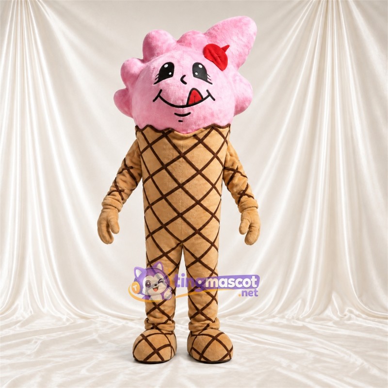 Maskottchenkostüm Eiscreme – rosa – Schleife (rot); Zottelfell Maskottchenkostüm Eiscreme – rosa – Schleife (rot); Zottelfell
