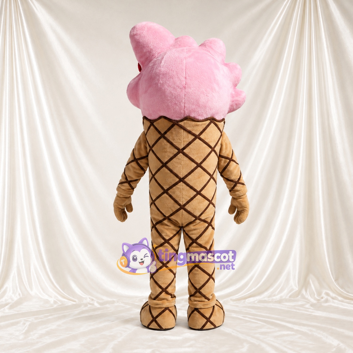 Maskottchenkostüm Eiscreme – rosa – Schleife (rot); Zottelfell Maskottchenkostüm Eiscreme – rosa – Schleife (rot); Zottelfell