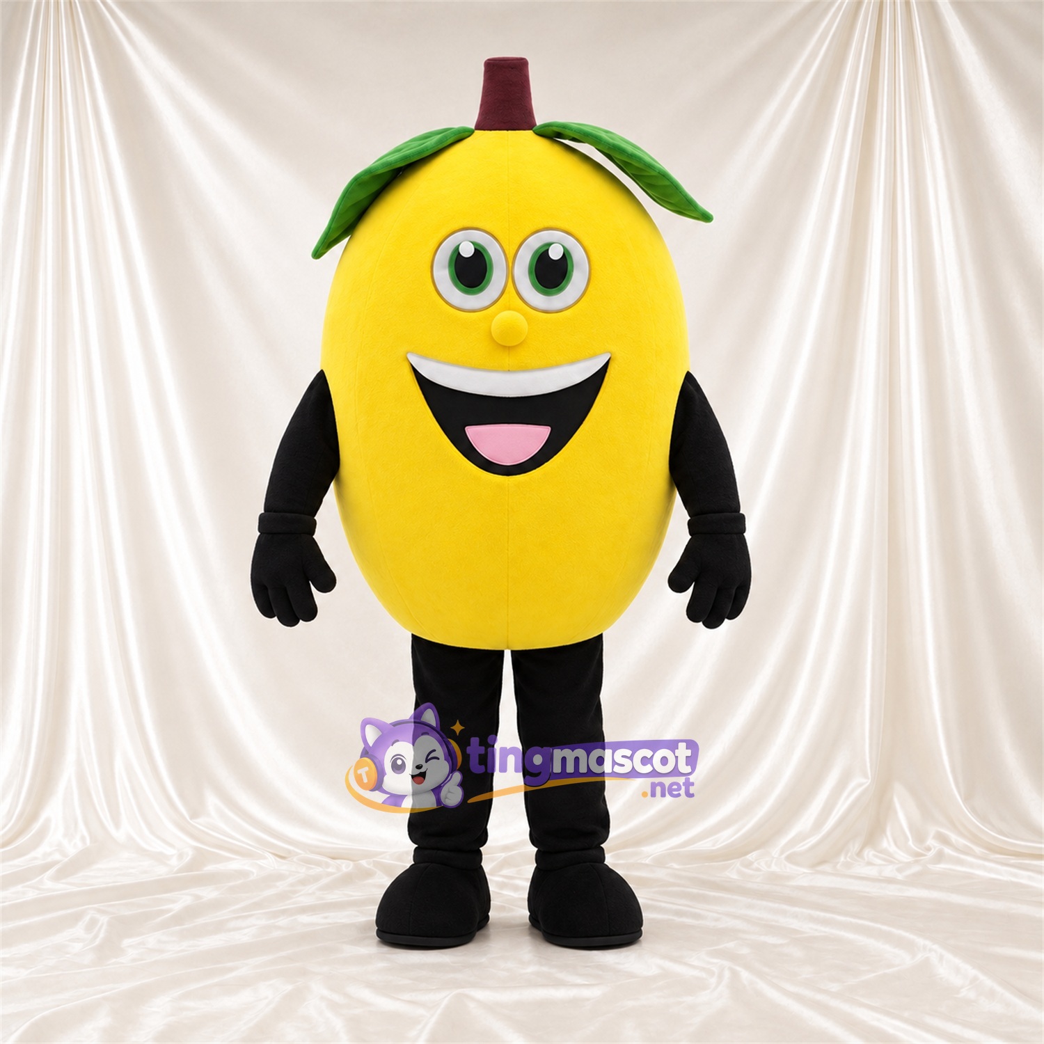 Yellow Lemon Mascot Costume - Black Gloves and Green Leaf Top Yellow Lemon Mascot Costume - Black Gloves and Green Leaf Top