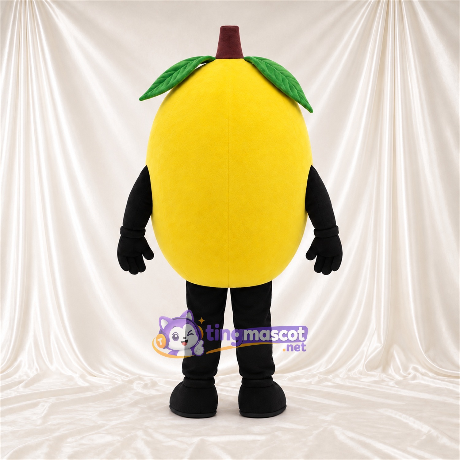 Yellow Lemon Mascot Costume - Black Gloves and Green Leaf Top Yellow Lemon Mascot Costume - Black Gloves and Green Leaf Top