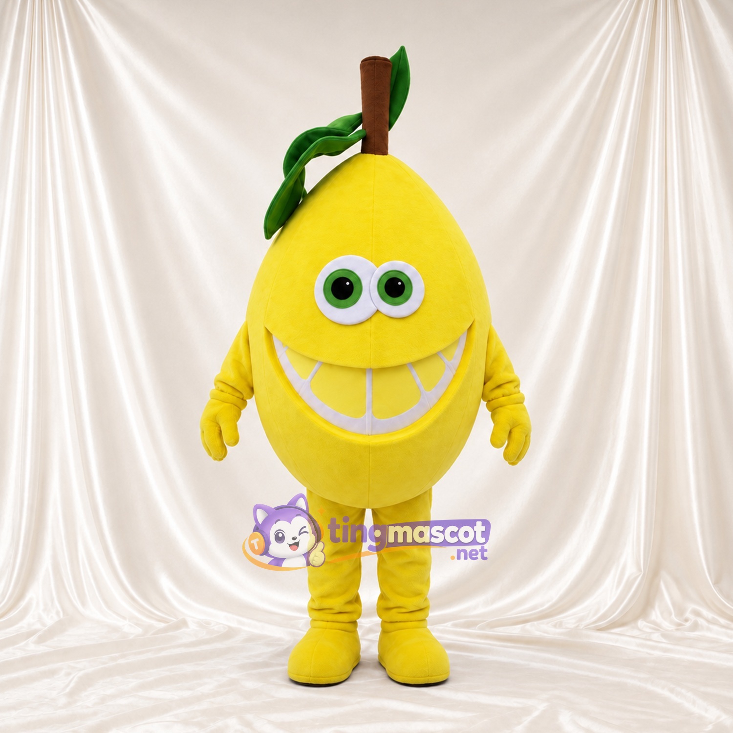Costume de mascotte Citron – jaune – Sourire avec dents; Feuilles au sommet (vert) Costume de mascotte Citron – jaune – Sourire avec dents; Feuilles au sommet (vert)