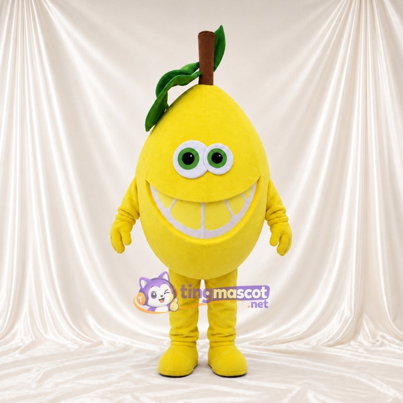 Costume de mascotte Citron – jaune – Sourire avec dents; Feuilles au sommet (vert) Costume de mascotte Citron – jaune – Sourire avec dents; Feuilles au sommet (vert)