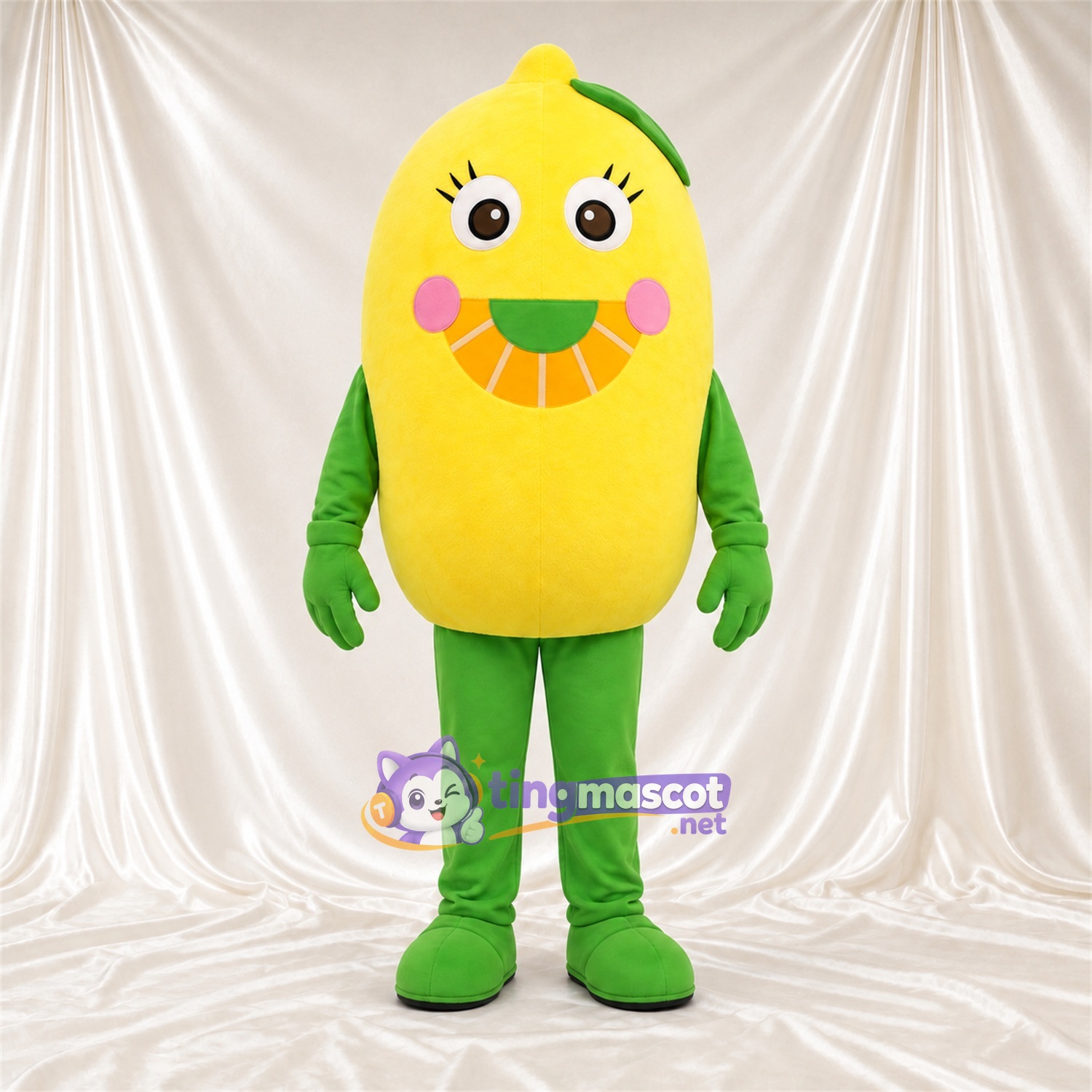 Costume de mascotte Citron – jaune – Jambes (vert); Joues (rose) Costume de mascotte Citron – jaune – Jambes (vert); Joues (rose)