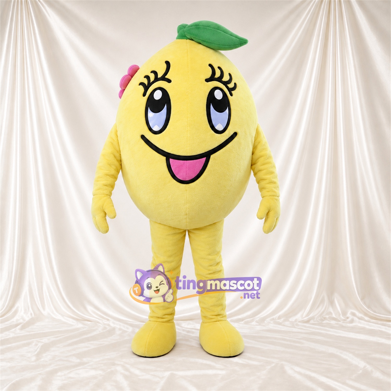 Costume de mascotte Citron – jaune – Feuilles au sommet (vert); Cils Costume de mascotte Citron – jaune – Feuilles au sommet (vert); Cils