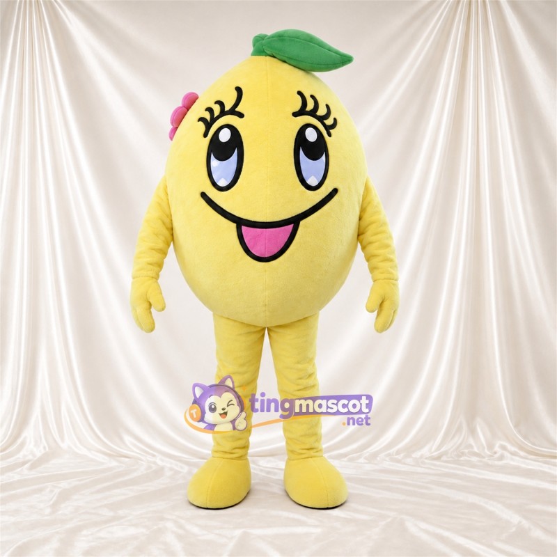Costume de mascotte Citron – jaune – Feuilles au sommet (vert); Cils Costume de mascotte Citron – jaune – Feuilles au sommet (vert); Cils