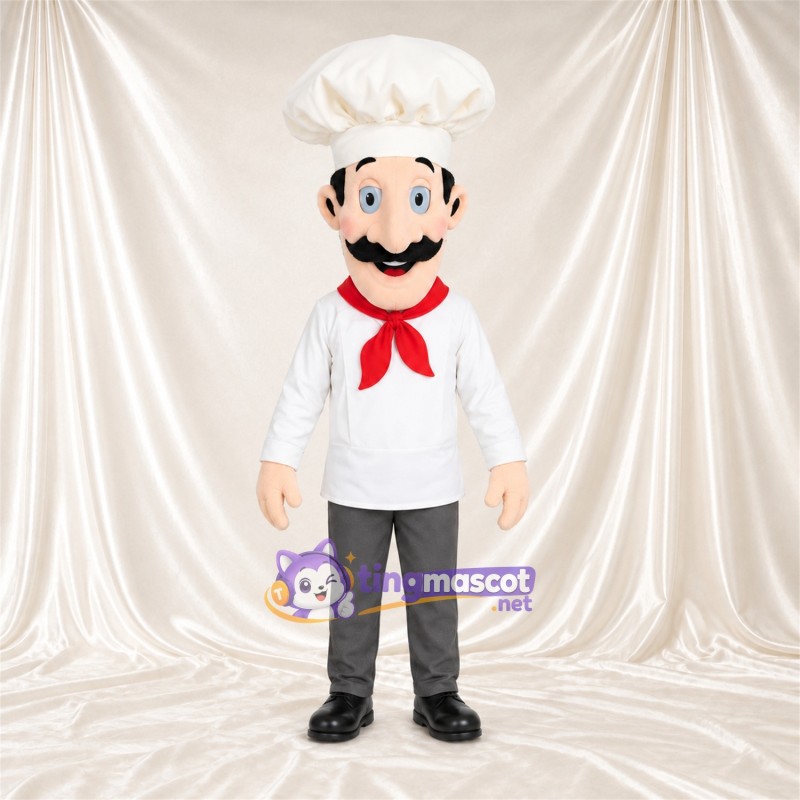 Chef Mascot Costume - White Jacket and Red Neck Scarf, White Chef Hat and Black Beard Chef Mascot Costume - White Jacket and Red Neck Scarf, White Chef Hat and Black Beard