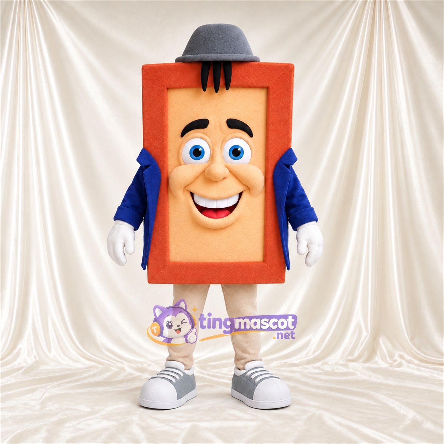Maskottchenkostüm Bilderrahmen – orange – Hut (grau); Jacke (blau) Maskottchenkostüm Bilderrahmen – orange – Hut (grau); Jacke (blau)