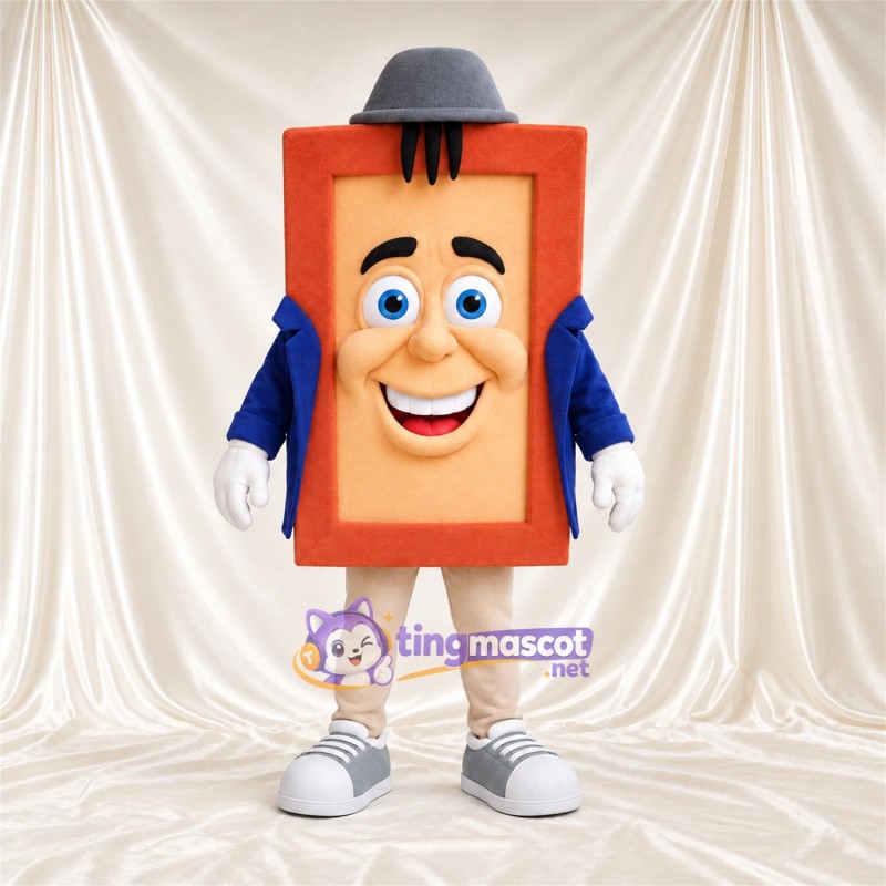 Maskottchenkostüm Bilderrahmen – orange – Hut (grau); Jacke (blau) Maskottchenkostüm Bilderrahmen – orange – Hut (grau); Jacke (blau)