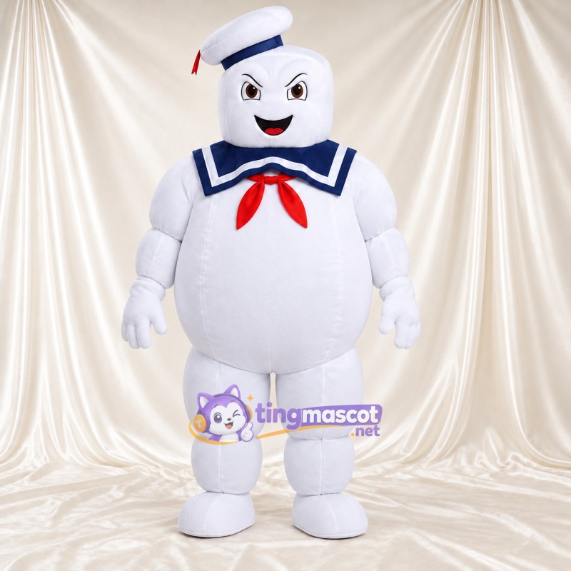 Costume de mascotte Bibendum Chamallow – blanc – Chapeau de marin; Col (bleu marine) Costume de mascotte Bibendum Chamallow – blanc – Chapeau de marin; Col (bleu marine)
