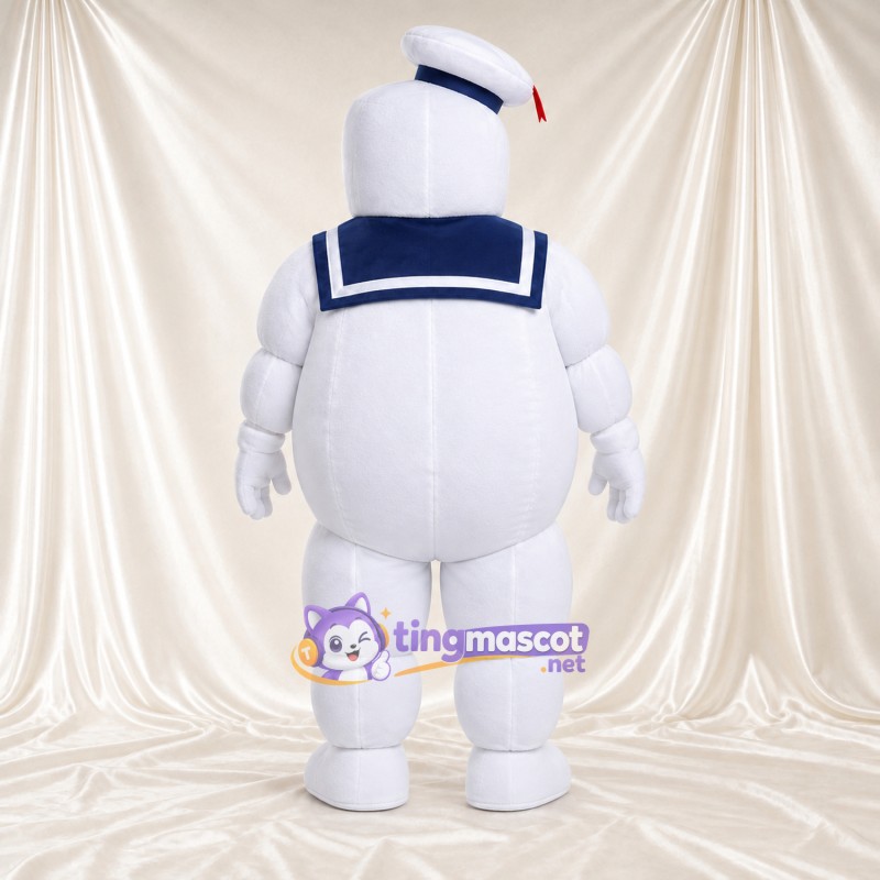 Costume de mascotte Bibendum Chamallow – blanc – Chapeau de marin; Col (bleu marine) Costume de mascotte Bibendum Chamallow – blanc – Chapeau de marin; Col (bleu marine)