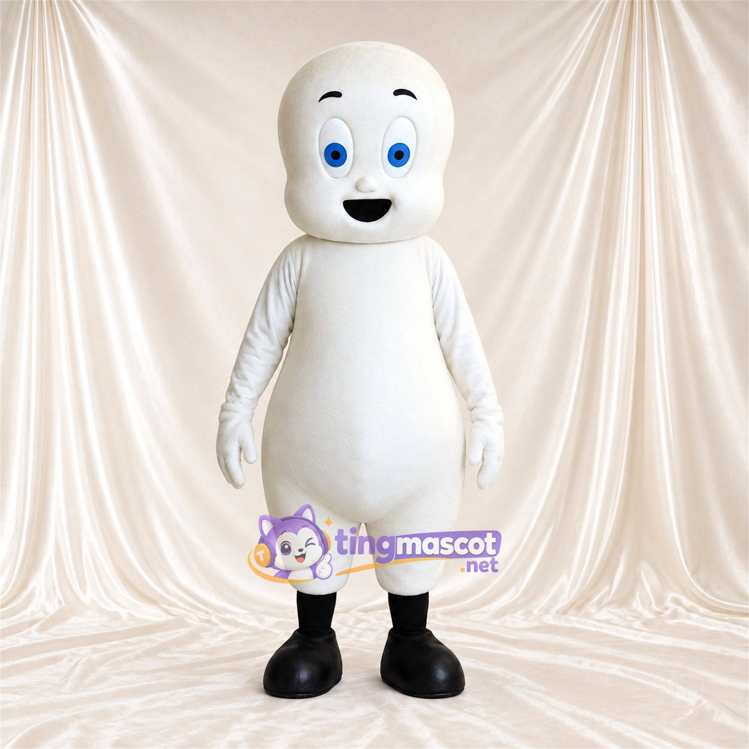 Costume de mascotte Fantôme – blanc – Pieds (noir); Yeux (bleu) Costume de mascotte Fantôme – blanc – Pieds (noir); Yeux (bleu)
