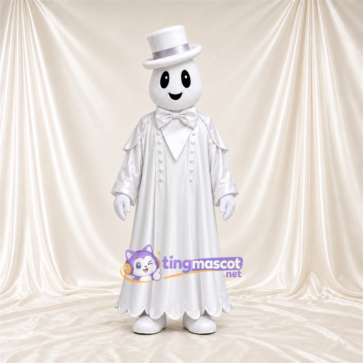 Costume de mascotte Fantôme – blanc – Haut-de-forme (blanc); Cape Costume de mascotte Fantôme – blanc – Haut-de-forme (blanc); Cape