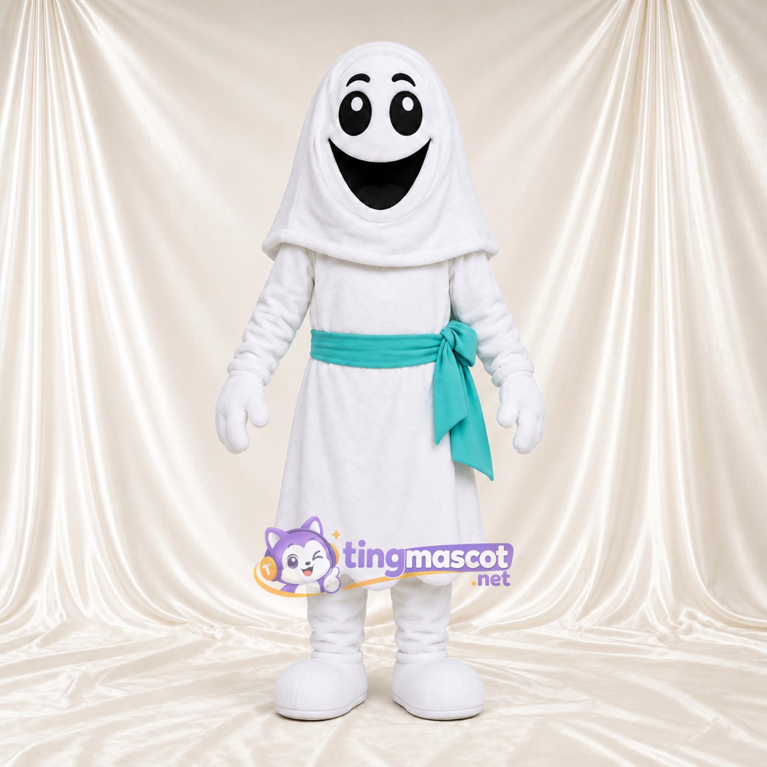Costume de mascotte Fantôme – blanc – Écharpe en bandoulière (turquoise) Costume de mascotte Fantôme – blanc – Écharpe en bandoulière (turquoise)