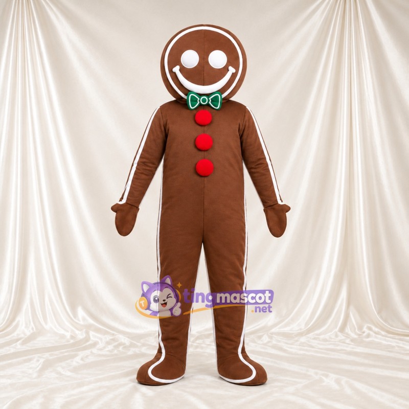 Brown Gingerbread Man Mascot Costume - Green Bow Tie and Red Buttons Brown Gingerbread Man Mascot Costume - Green Bow Tie and Red Buttons
