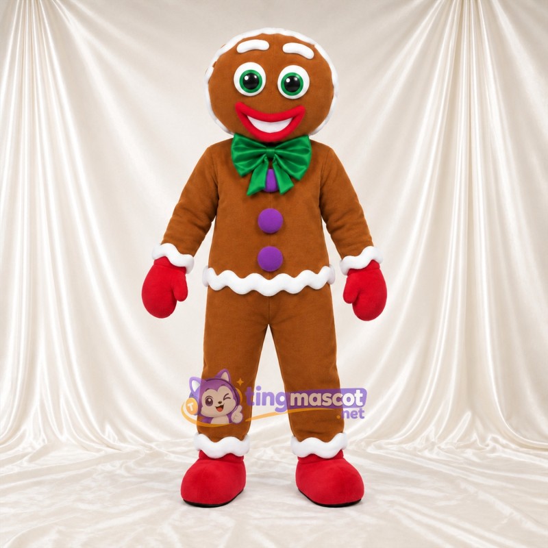 Brown Gingerbread Man Mascot Costume - Green Bow Tie and Purple Buttons Brown Gingerbread Man Mascot Costume - Green Bow Tie and Purple Buttons