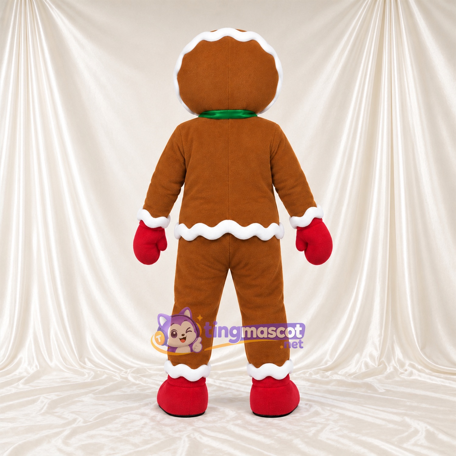 Brown Gingerbread Man Mascot Costume - Green Bow Tie and Purple Buttons Brown Gingerbread Man Mascot Costume - Green Bow Tie and Purple Buttons