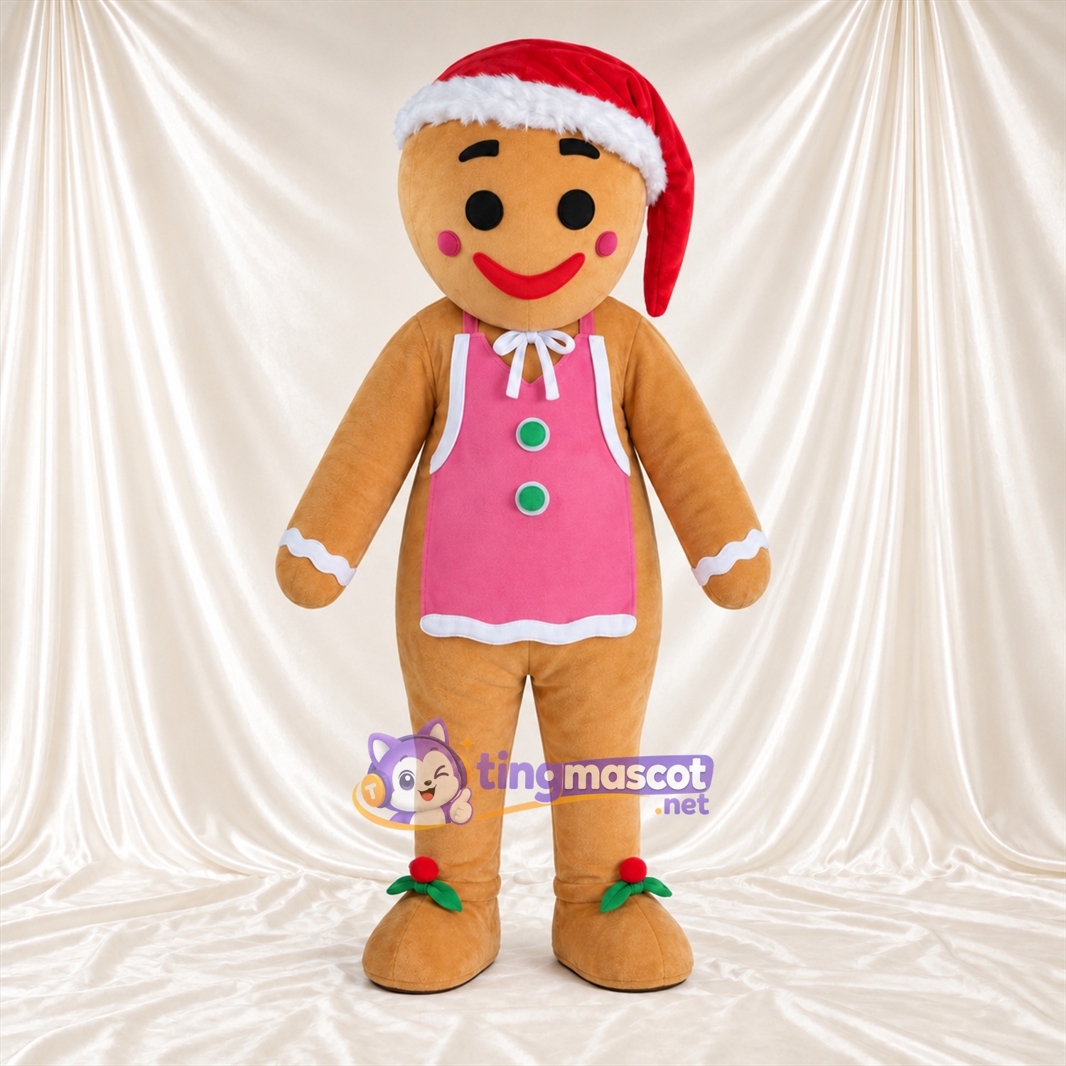 Costume de mascotte Bonhomme en pain d’épices – marron – Bonnet de Noël; Tablier (rose)