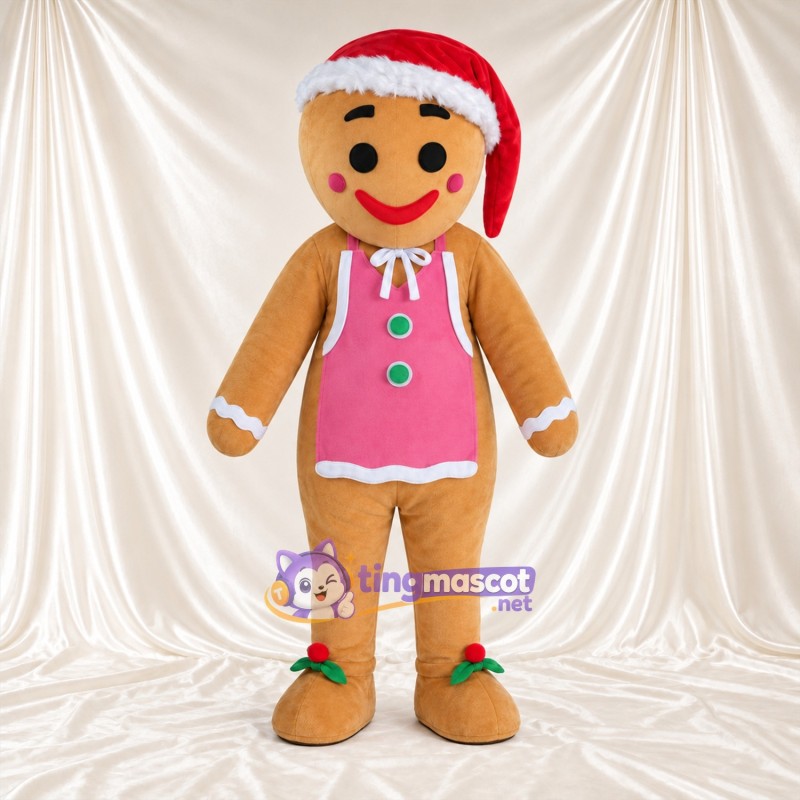 Costume de mascotte Bonhomme en pain d’épices – marron – Bonnet de Noël; Tablier (rose) Costume de mascotte Bonhomme en pain d’épices – marron – Bonnet de Noël; Tablier (rose)